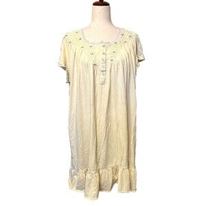 Sante Classics Womens 1X Yellow Nightgown Cotton Floral Smocking Ruffle Hem Lace